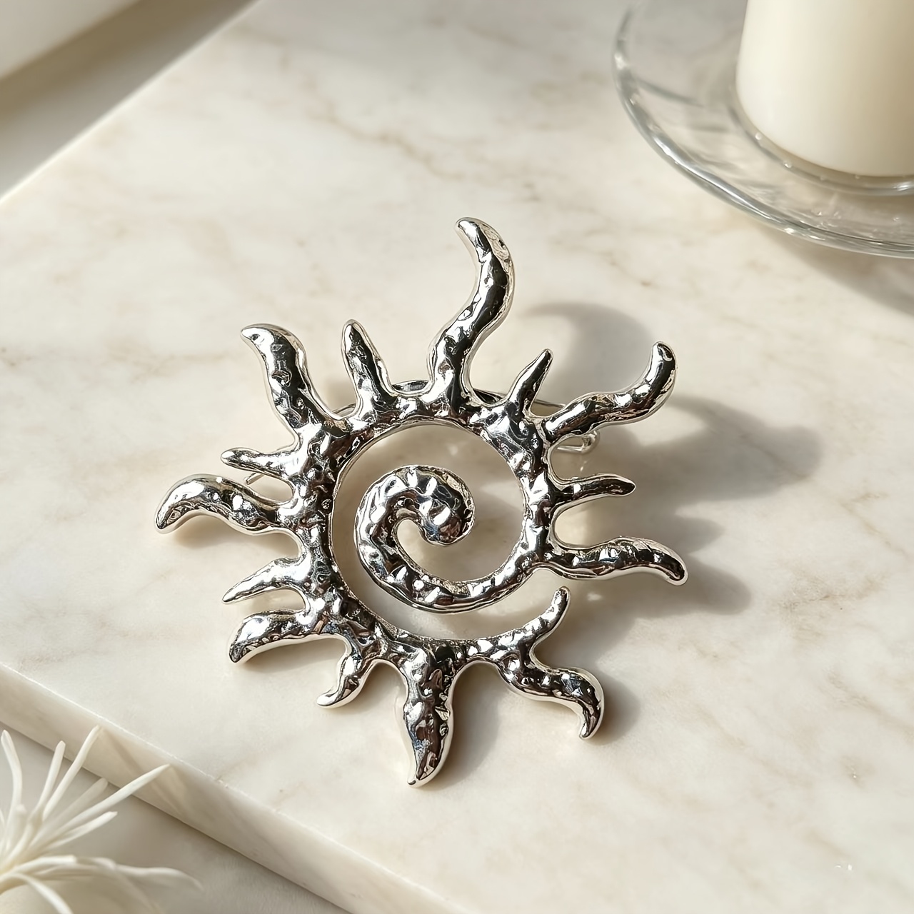 Retro Spiral Sun Brooch, Irregular Hammered Metal Pin